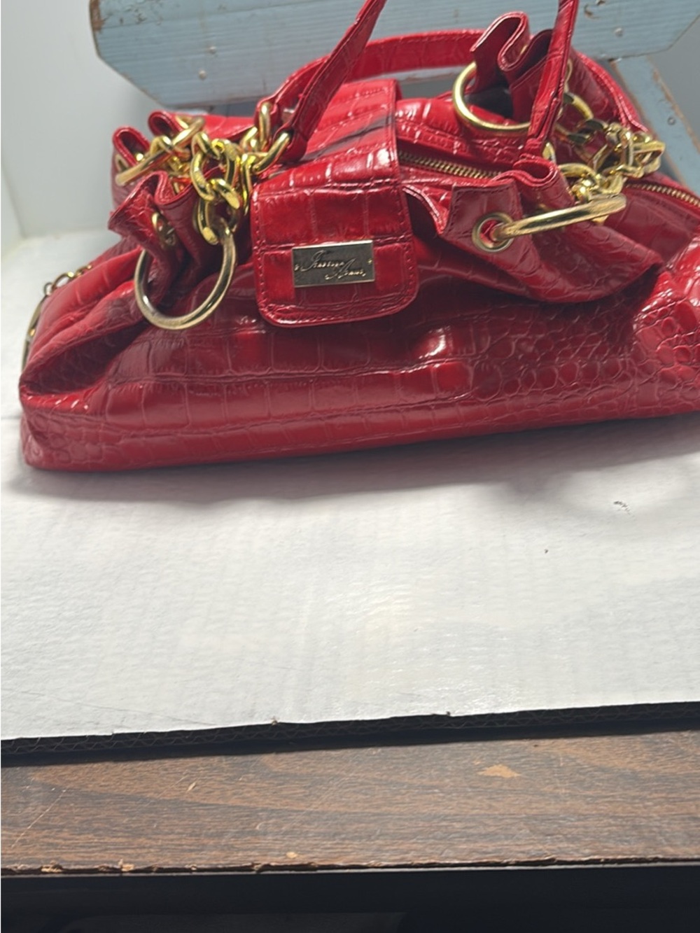 Red Croc-Embossed Shoulder Bag with Gold Chain Trim